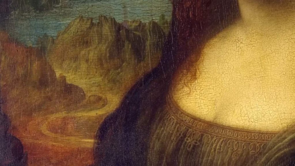 The landscape behind Mona Lisa isn't just any backdrop - it's a dreamlike, primordial world that seems to exist outside of specific time or place