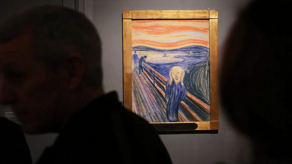 The distorted perspective creates a sense of psychological space rather than physical space.