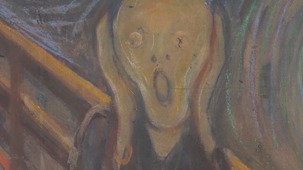 The scene appears deceptively simple: a figure stands on a bridge, hands pressed to its head, mouth open in what seems like a scream of terror or anguish.