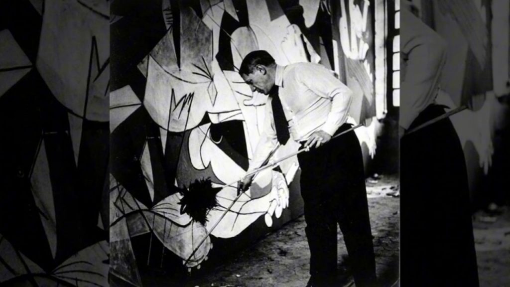 Picasso made a crucial decision that amplifies the work's power - he painted it entirely in black, white, and gray.