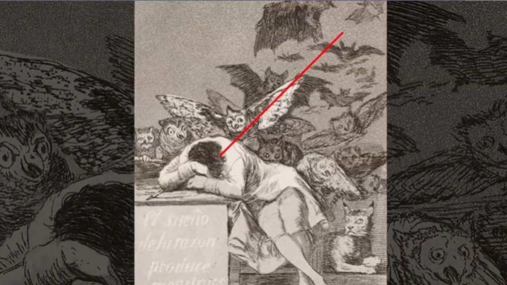 The sleeping figure creates a strong diagonal line,