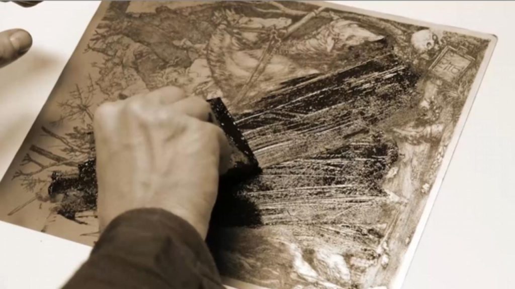 This is an aquatint etching, where acid is used to bite into a metal plate, creating these incredible gradations of tone.