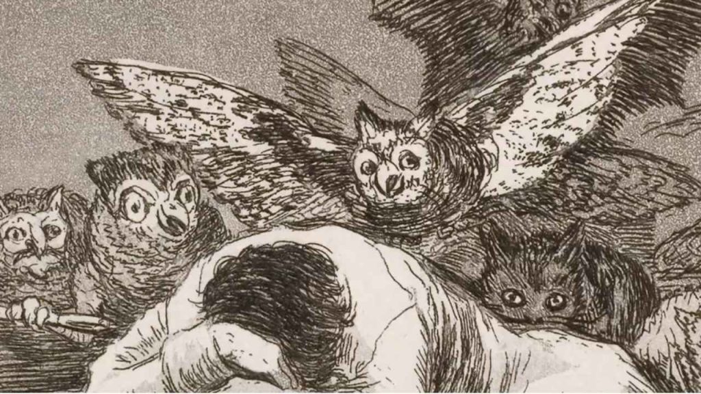 focus on those owls. Not just one or two, but an entire parliament of them, crowding around the sleeping figure like unwanted thoughts that won't go away