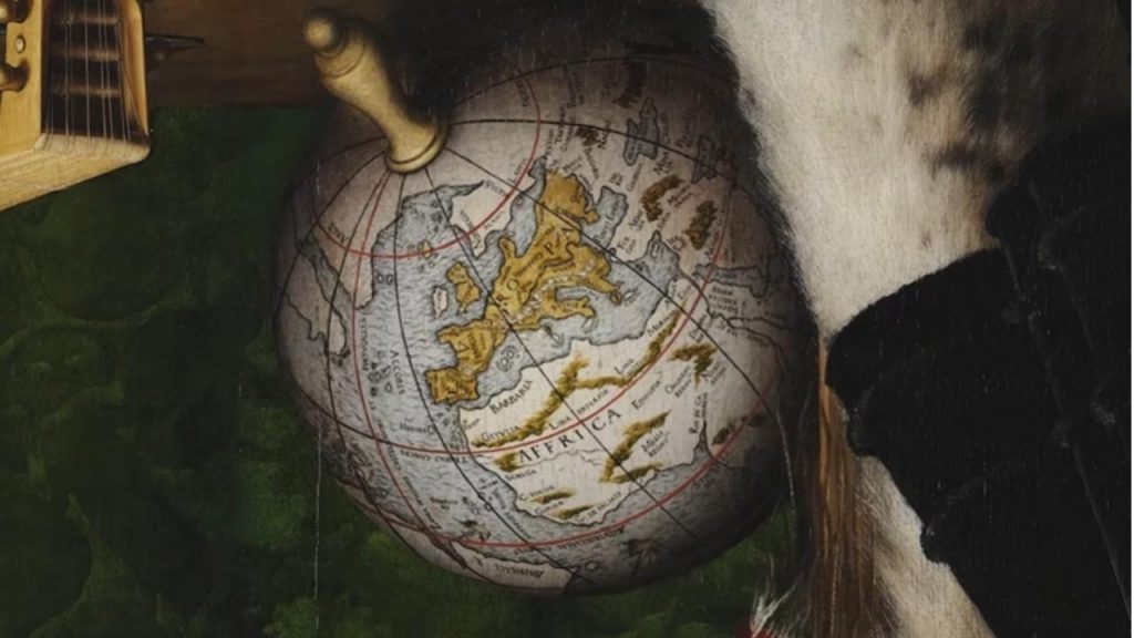 The terrestrial globe shows Dinteville's home region of France prominently
