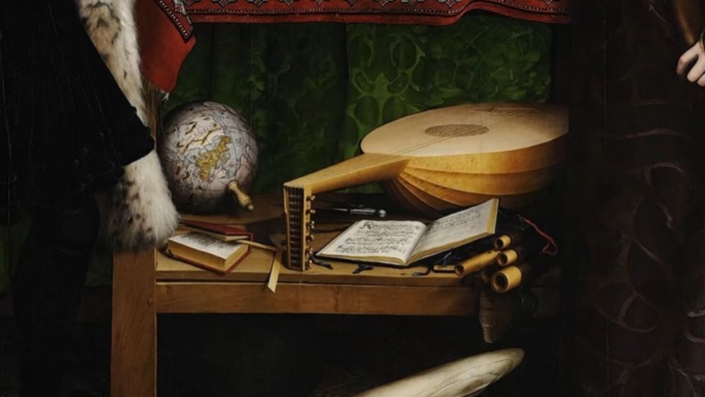 The lower shelf holds terrestrial items - a globe, books, a lute, flutes, and a hymn book