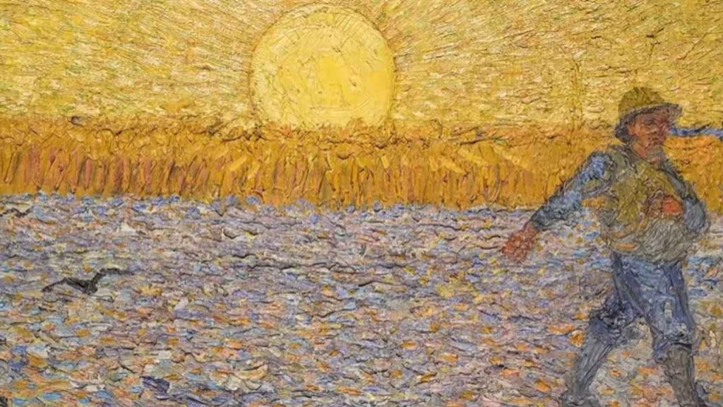 It occupies nearly half the composition, painted in brilliant yellow and orange that seems to pulse with divine energy