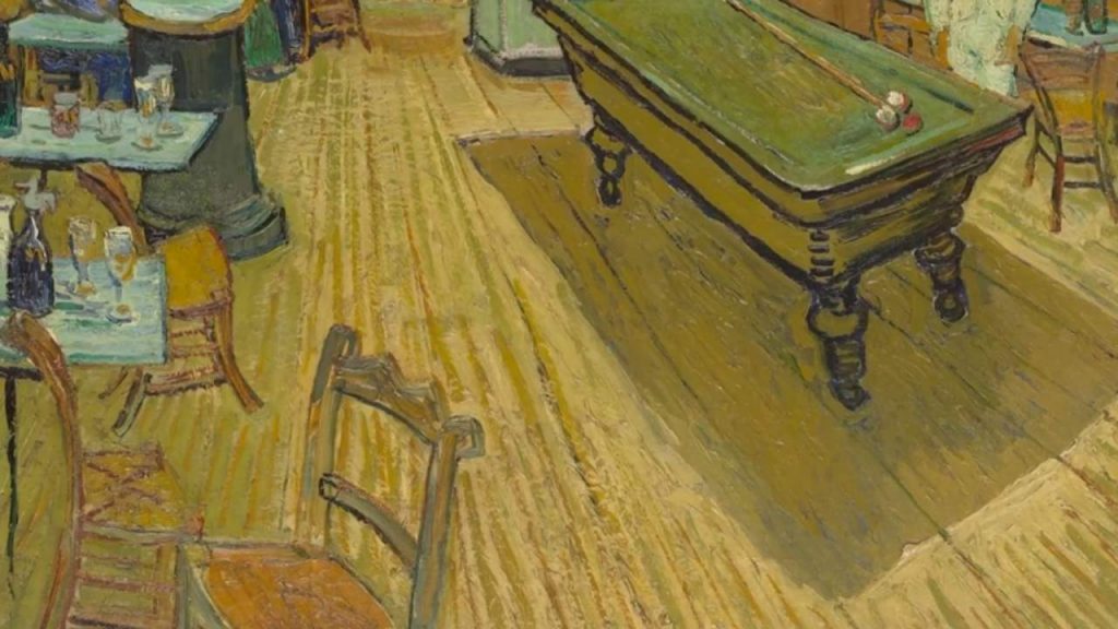 The empty chairs in the foreground invite us, uncomfortably, into the scene