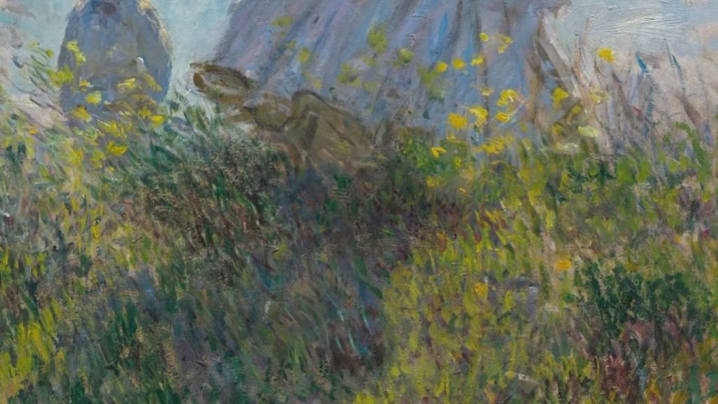 The grass beneath their feet dissolves into dabs and flicks of green, yellow, and brown that suggest rather than describe the texture of the meadow.