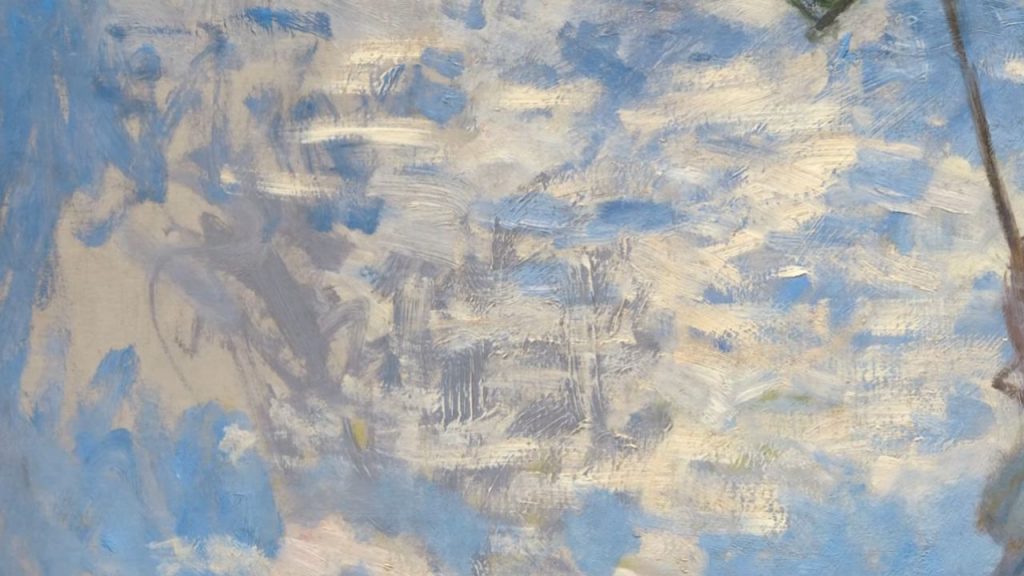 Monet varies his brushwork throughout the canvas - smooth, blended passages in the sky contrast with broken, textured areas in the grass