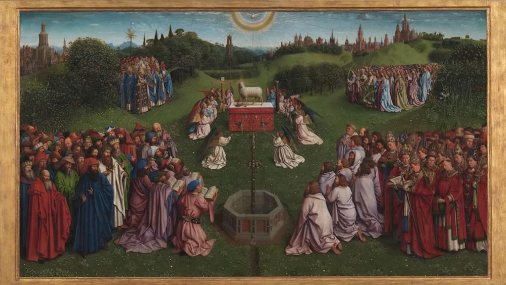 The central panel, featuring the Adoration of the Mystic Lamb