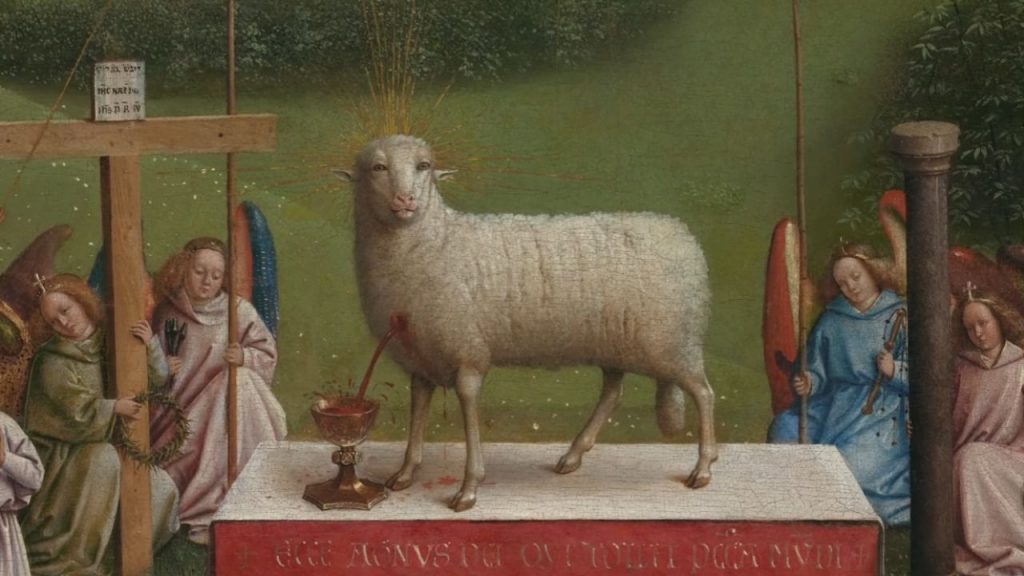 The medieval lamb with its human-like eyes embodies the mystery of the Incarnation